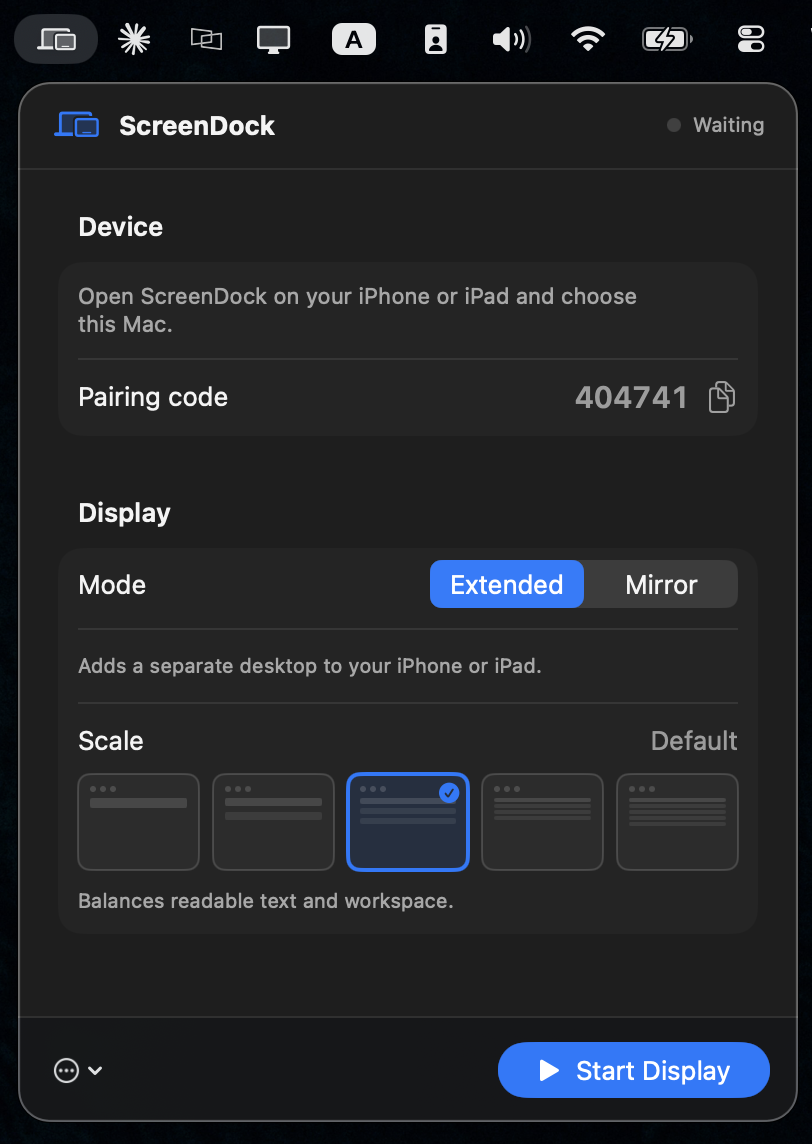 The ScreenDock menu bar panel: pairing code, Extended and Mirror mode toggle, a five-step display scale selector, and a Start Display button.